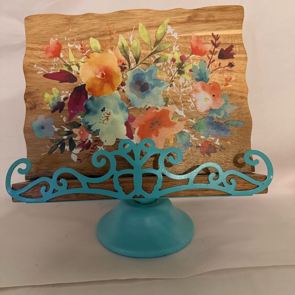Vibrant Floral Wooden Stand with Blue Base